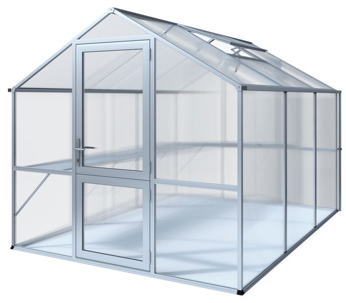 Gewächshaus mit Aluminiumrahmen, Polycarbonat-Hohlkammerplatten, einer Drehtür und einem Dachfenster.