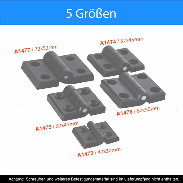Fünf verschiedene Größen von Metallscharnieren zur Montage an Türen oder Klappen.