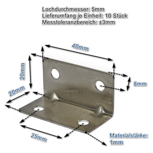 Winkelverbinder aus Metall mit Maßangaben, Lochdurchmesser 5 Millimeter, Materialstärke 1 Millimeter, 10 Stück.