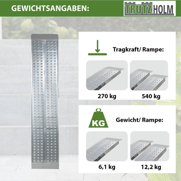 TRUTZHOLM 1 x Auffahrrampe 200 x 28 cm 270 kg Alu gelocht starr grau Verladerampe Motorradrampe