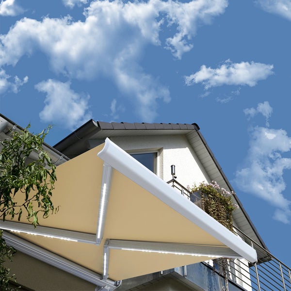 Home Deluxe - LED Vollkassettenmarkise ELOS - Sandfarben, 350 x 250 cm - inkl. Wind- und Sonnensensor, Fernbedienung, Handkurbel, Montagematerial I Terrassenüberdachung Sonnenschutz Windschutz