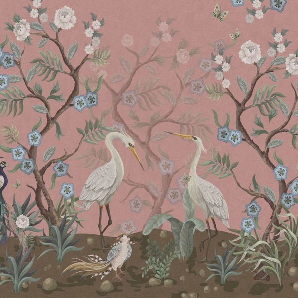 Dekoratives Wandbild mit Reihern, Blüten und Schmetterlingen