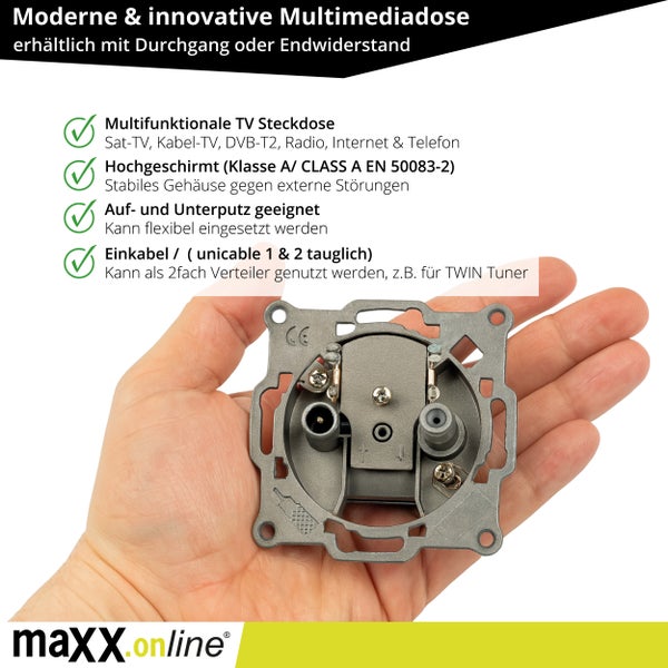 Antennendose mit zwei Anschlüssen für Satelliten-, Kabel- und terrestrisches Fernsehen in der Hand