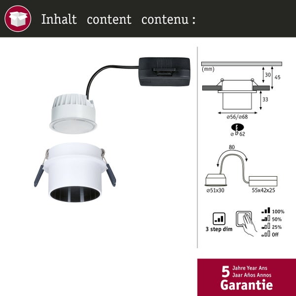 LED Einbaustrahler mit Anschlussbox, technischen Zeichnungen inklusive Maßen in Millimeter, 3-Stufen-Dimmfunktion und 5 Jahren Garantie.