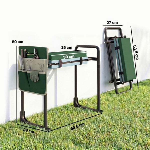 Klappbare Gartenkniebank und Sitzhilfe mit Polster, seitlicher Werkzeugtasche und Maßen in Zentimeter. Outsunn Logo.