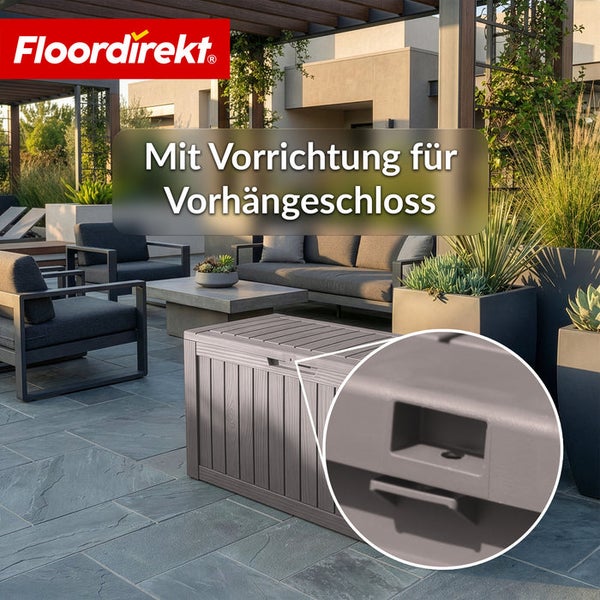 Garten Aufbewahrungsbox mit Vorrichtung für Vorhängeschloss in einer Sitzecke
