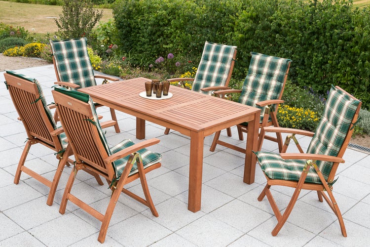 Comdoro Set 13tlg., 6 Klappsessel, 6 Wendekissen grün kariert/uni, Tisch 170 x 90 cm