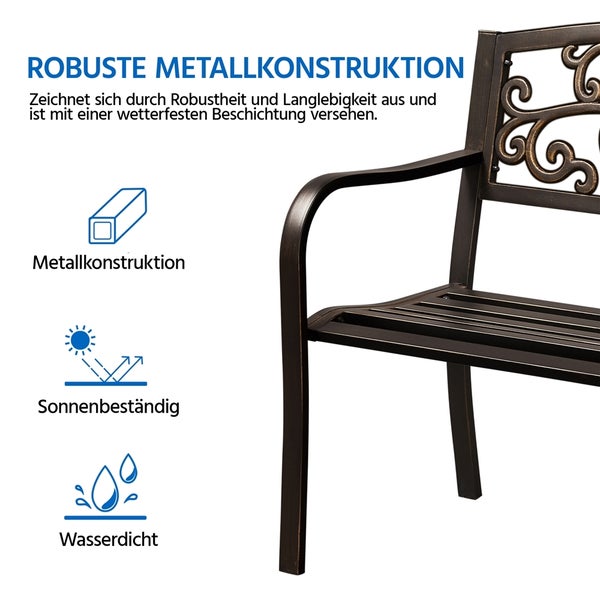 Detailansicht einer robusten Gartenbank aus Metall mit Informationen zu Metallkonstruktion, Sonnenbeständigkeit und Wasserdichtigkeit
