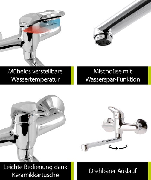 aquaSu® Küchenarmatur Alaska, Wasserhahn Küche, Spültischarmatur zur Aufputz-Wandmontage, langer Auslauf schwenkbar, Einhebelmischer für Spüle mit Messingkern und Wasserspar-Mischdüse, chrom, 796095