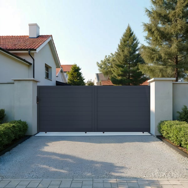 Dunkelgraues zweiflügeliges Einfahrtstor aus Aluminium mit horizontalen Lamellen zwischen zwei weißen Pfeilern in einer Hauseinfahrt.