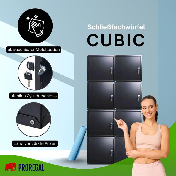 Schließfachwürfel CUBIC aus Metall mit acht Fächern, Zylinderschlössern, verstärkten Ecken und abwaschbarem Boden. Sportliche Szene. PROREGAL Logo.