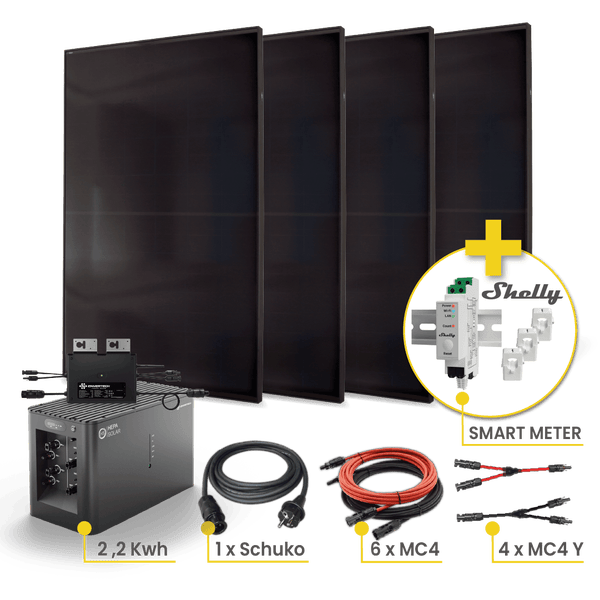 Komplette Solaranlage mit vier Solarmodulen, Wechselrichter, Energiemessgerät, Schuko-Kabel und MC4-Kabel