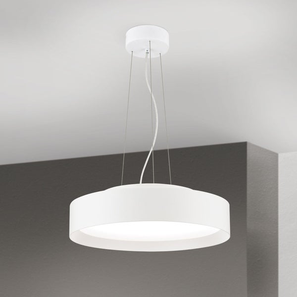 Moderne runde Pendelleuchte mit flachem Schirm und Deckenbaldachin
