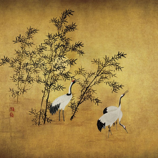 Gemälde mit Kranichen und Bambus auf goldenem Hintergrund