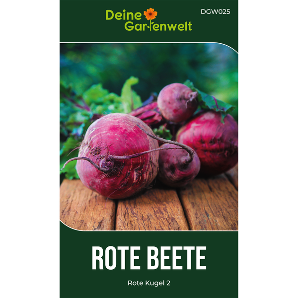 Deine Gartenwelt Logo. Samentüte für Rote Bete Rote Kugel 2 mit einer Abbildung von frischen Knollen auf einer Holzoberfläche.