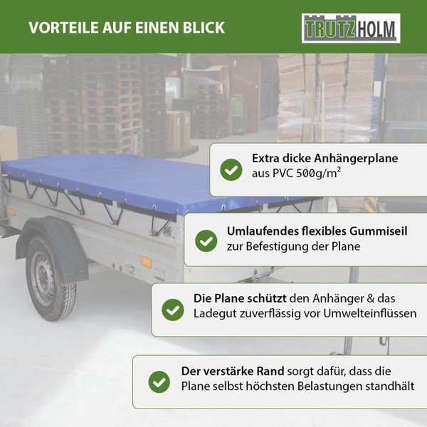Trutzholm Anhaengerplane aus 500 Gramm pro Quadratmeter PVC mit umlaufendem Gummiseil zum Schutz von Anhaengern und Ladegut.