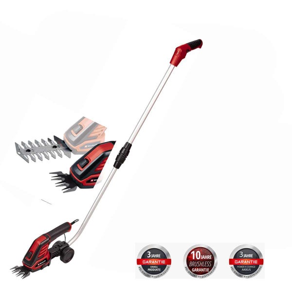 Einhell Akku-Gras- und Strauchschere mit Teleskopstiel, Wechselmessern, 3 Jahre Produktgarantie, 10 Jahre Motorgarantie, 3 Jahre Akkugarantie.