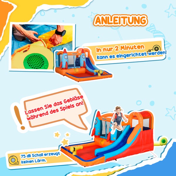 Outsunny Aufblasbare Hüpfburg mit Rutsche für 4 Kinder Burg Springburg mit Gebläse Spielburg Spielhaus für 3-8 Jahre Raketenmuster Oxford-, Polyester-Gewebe Mehrfarbig 350 x 250 x 185 cm