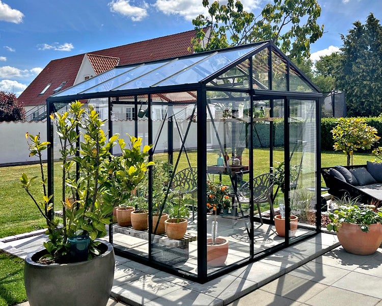 Modernes Gewächshaus mit Glaswänden und Metallrahmen auf einer Terrasse im Garten. Innenraum mit Pflanzen und Gartenmöbeln.