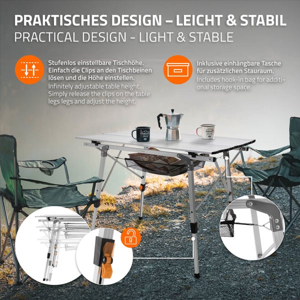 ML-Design Campingtisch faltbar Silber, 90x51,5 cm, Aluminium Klapptisch höhenverstellbar 46-66,5 cm, Belastbarkeit 30kg, Aufrollbare Tischplatte, Falttisch klappbar, Gartentisch Balkontisch Reisetisch