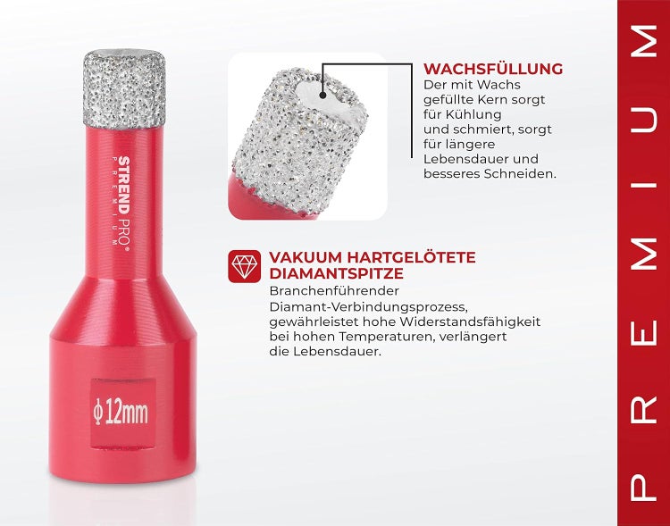 PROREGAL Diamant Bohrkronenaufsatz Premium Crystal 12 mm für Fliesen Glas Feinsteinzeug Keramik Granit Steinfliesen Winkelschleifer Flex M14