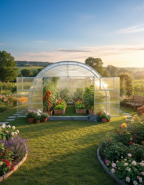 Gewächshaus im Garten mit Gemüsebeeten und Blumen