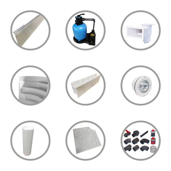 Übersicht verschiedener Pool-Baukomponenten und Zubehörteile wie Sandfilteranlage, Skimmer, Pooltreppe, ISO-Steine und Verrohrungsset.