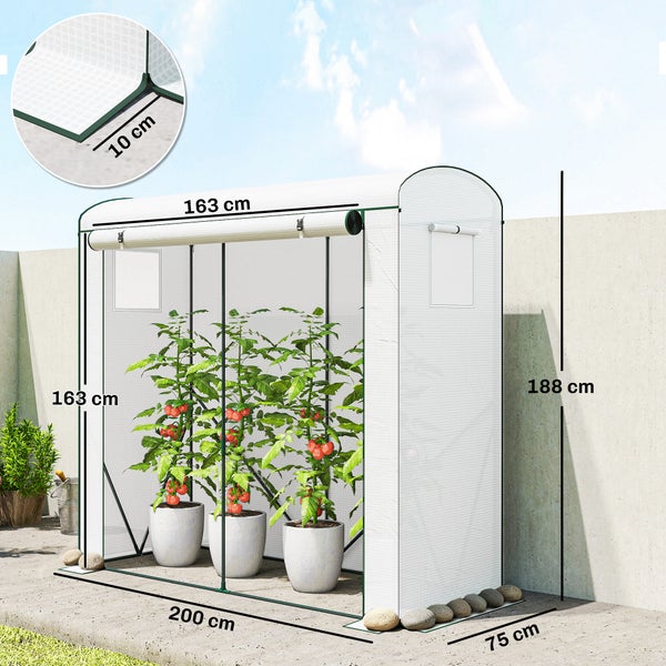 Folientreibhaus für Tomaten mit Gitterfolie und Reißverschluss, Maße 200 mal 75 mal 188 Zentimeter, inklusive Maßangaben.