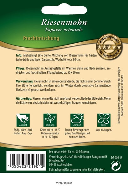 Rückseite der Samentüte Riesenmohn Prachtmischung mit Hinweisen zu Aussaat, Keimung, Standort, Blüte sowie Umtauschgarantie und Recycling-Symbol.