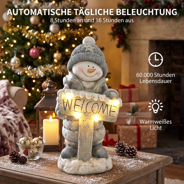 Beleuchtete Schneemann Deko Figur mit Welcome Schild, Timer Funktion für 8 Stunden Betrieb und warmweißem Licht für die Weihnachtsdekoration.