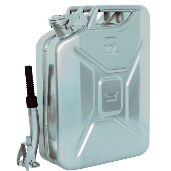 Metall-Benzinkanister 20 Liter, silberfarben, mit separatem Ausgussrohr.