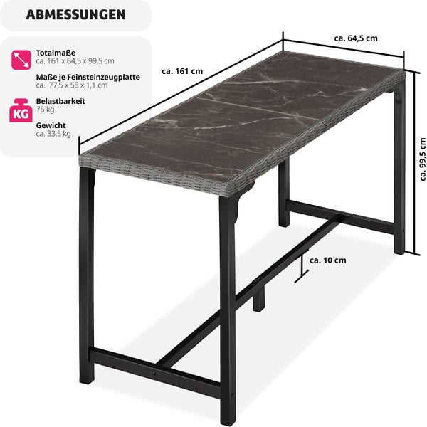Rattan Tisch tectake Lovas 161 x 64,5 x 99,5 cm mit Aluminium- und Holzgestell grau