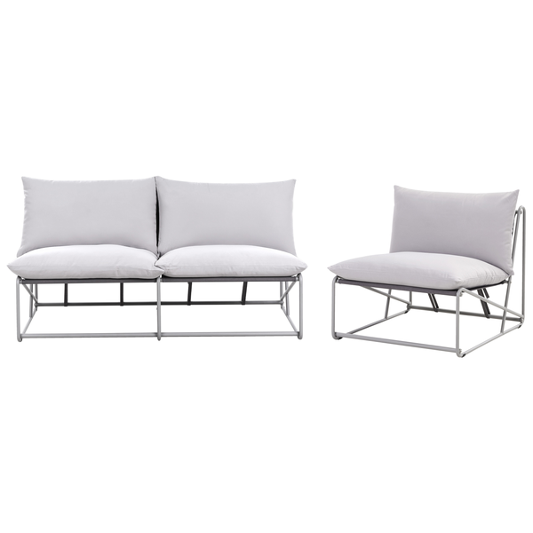 Zweisitzer-Sofa und Sessel mit Metallrahmen und Kissen