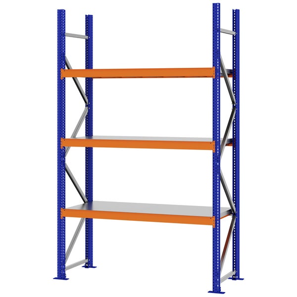 Schwerlastregal mit drei Ebenen, robuste Stahlkonstruktion, höhenverstellbare Fachböden, ideal für Werkstatt und Lager.