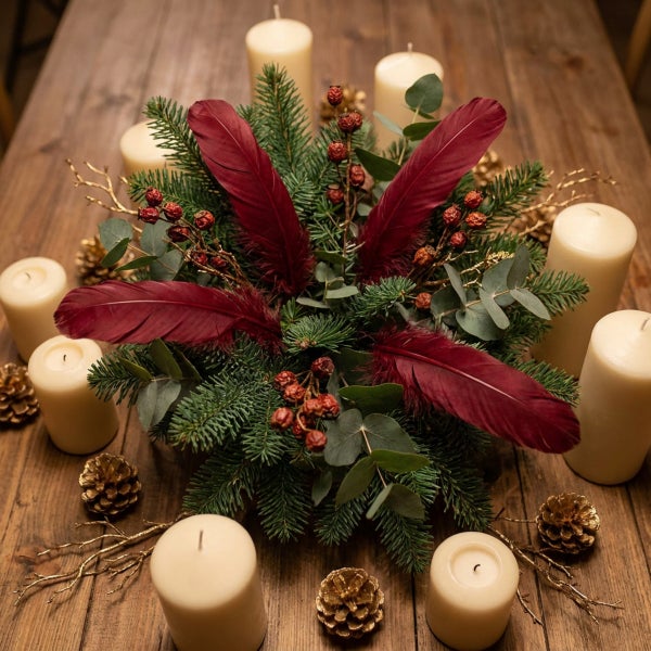Weihnachtliches Tischgesteck mit Tannengrün, Federn, Beeren, Eukalyptus, Kiefernzapfen und stumpenartigen Kerzen auf einem Holztisch.