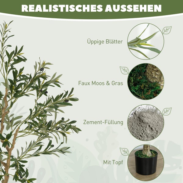 Detailansicht eines künstlichen Olivenbaums mit üppigen Blättern, Moos, Gras, Zementfüllung und Topf