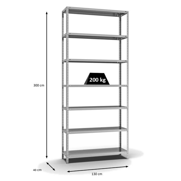 PROREGAL Fachbodenregal Schraubsystem Medium-Duty Grundregal HxBxT 300 x 130 x 40 cm 7 Ebenen Fachlast 200 kg Beidseitig Nutzbar Verzinkt