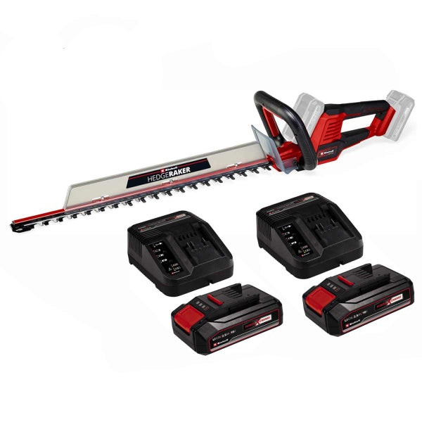 Einhell Akku Heckenschere mit Hedgeraker Aufsatz, zwei 18 Volt Lithium Ionen Akkus und zwei Ladegeräten als Set.