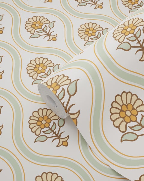 Tapetenrolle mit Blumenmuster und wellenförmigen Linien