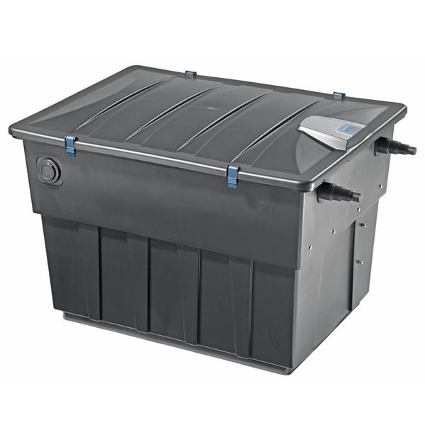 Oase BioTec ScreenMatic 2 Durchlauffilter aus schwarzem Kunststoff für Teiche mit Schlauchanschlüssen.