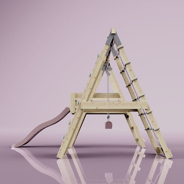 Kletterturm aus Holz mit Rutsche, Kletterwand, Strickleiter und Schaukelsitz.