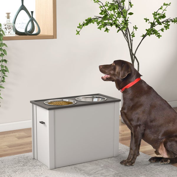 PawHut Hundenapf, Hunde Futterstation mit Stauraum, Wassernapf, Napfständer mit 2 L Edelstahlschüsseln, Hundenapfständer, Fressnapf für Große Hunde, Weiß