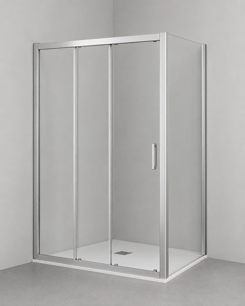 Eckduschkabine mit Schiebetüren und Rahmen aus Metall montiert auf Duschwanne in einer Ecke.