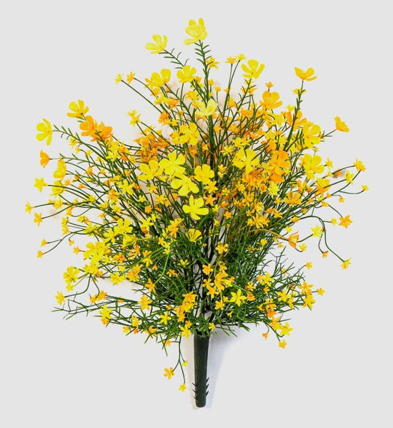Künstlicher Blumenstrauß mit gelben Blüten und grünen Zweigen aus Kunststoff