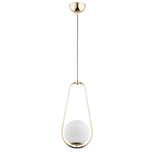 Moderne Pendelleuchte mit runder Glaskugel und metallischem Rahmen