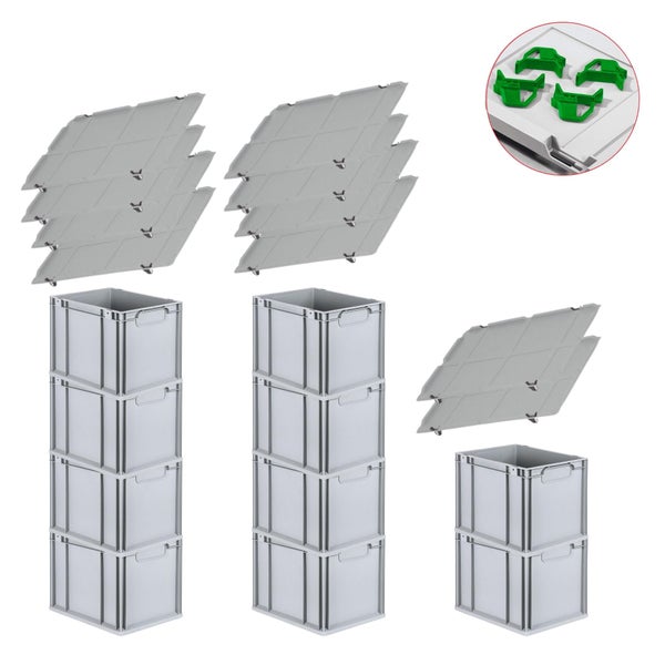 PROREGAL Spar Set 10x Eurobox Nextgen Economy Mit Auflagedeckel & 4x Schiebeschnappverschlüsse Grün Griffe Geschlossen HxBxT 32 x 30 x 40 cm 30 Liter