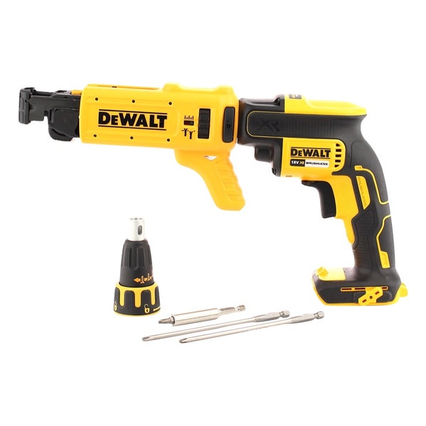 DeWalt Akku-Trockenbauschrauber 18 Volt XR Brushless mit Magazinvorsatz, Tiefenanschlag und Schrauberbits.