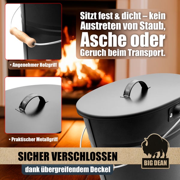 Ascheeimer mit Holzgriff und Metalldeckel für staubfreie und geruchsdichte Aufbewahrung
