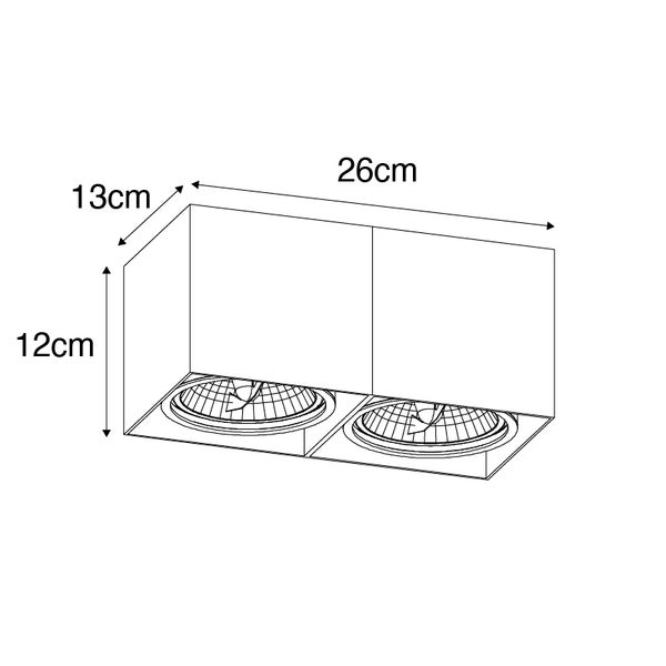 Technische Zeichnung einer Deckenleuchte mit zwei Strahlern und Abmessungen 26 mal 13 mal 12 Zentimeter.