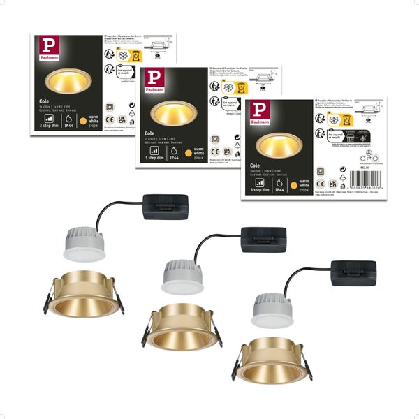 Set LED Einbauleuchte Cole IP44 88mm 2700K 3x6W 3x470lm 230V Gold matt Kunststoff, Alu Zink